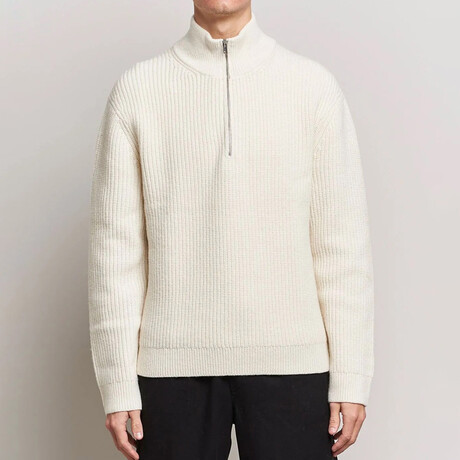 Mock Neck Half Zip Knit Sweater // White (S)