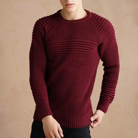 Crewneck Patterned Knit Sweater // Burgundy (S)