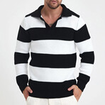 Polo Collar Block Knit Sweater // Black + White (L)