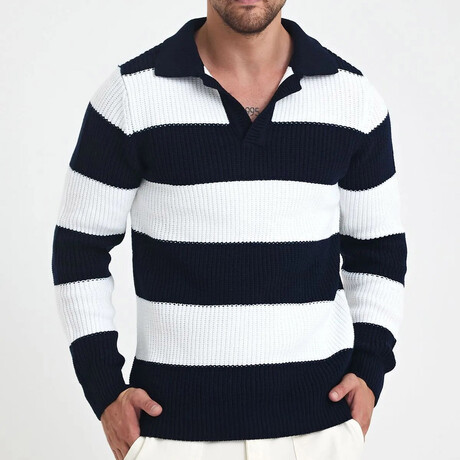 Polo Collar Block Knit Sweater // Navy Blue + White (S)