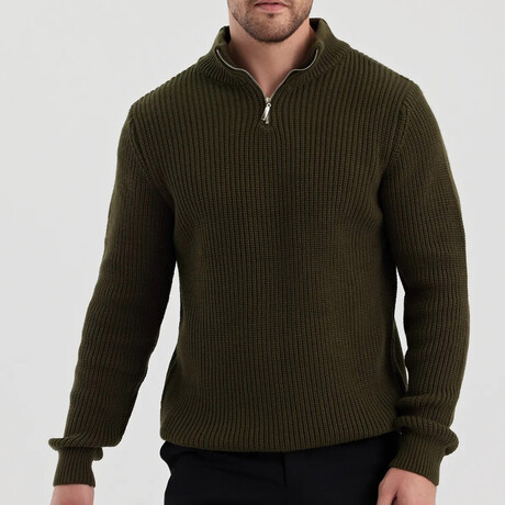 Mock Neck Half Zip Knit Sweater // Khaki (S)