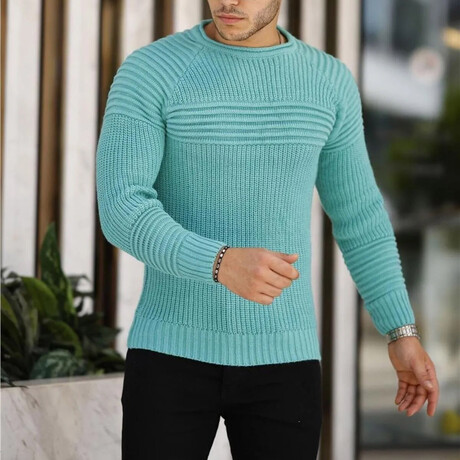 Crewneck Patterned Knit Sweater // Light Blue (S)