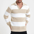 Polo Collar Block Knit Sweater // Beige + White (L)