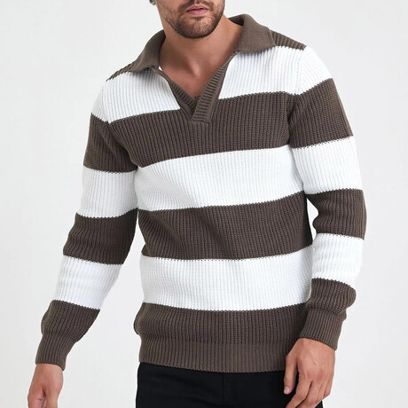 Polo Collar Block Knit Sweater // Light Brown + White (S)