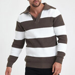 Polo Collar Block Knit Sweater // Light Brown + White (L)