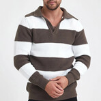 Polo Collar Block Knit Sweater // Light Brown + White (L)