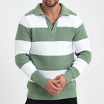 Polo Collar Block Knit Sweater // Green + White (L)