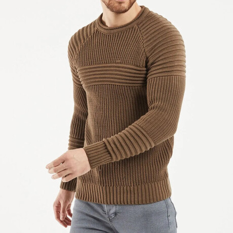 Crewneck Patterned Knit Sweater // Tan (S)