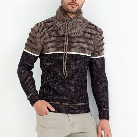 Shawl Collar Patterned Knit Sweater // Brown (S)