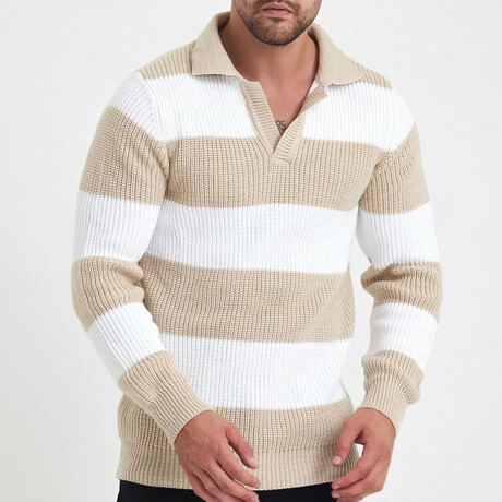 Polo Collar Block Knit Sweater // Beige + White (S)