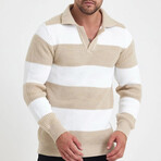 Polo Collar Block Knit Sweater // Beige + White (L)