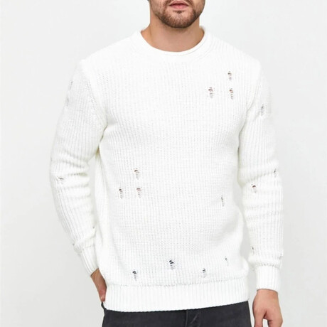 Crewneck Ragged Knit Sweater // White (S)