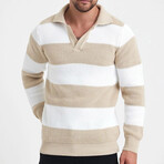 Polo Collar Block Knit Sweater // Beige + White (L)