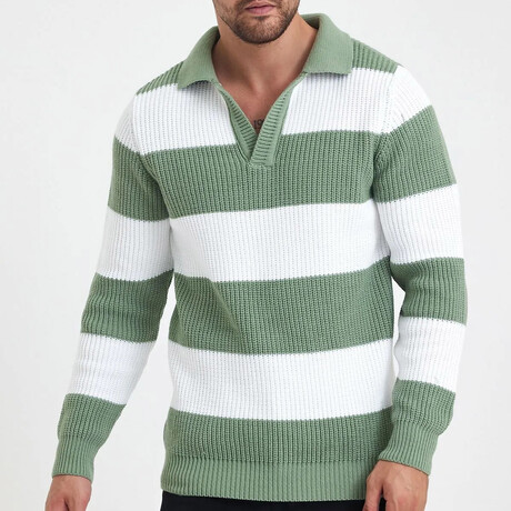 Polo Collar Block Knit Sweater // Green + White (S)