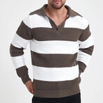 Polo Collar Block Knit Sweater // Light Brown + White (L)