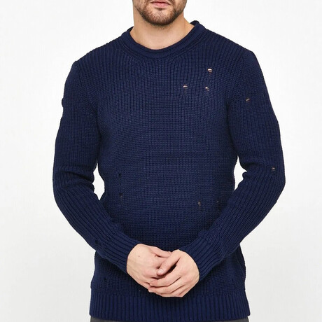 Crewneck Ragged Knit Sweater // Navy Blue (S)