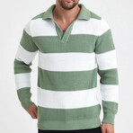 Polo Collar Block Knit Sweater // Green + White (L)