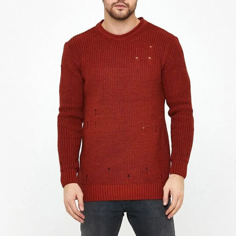 Crewneck Ragged Knit Sweater // Red (S)