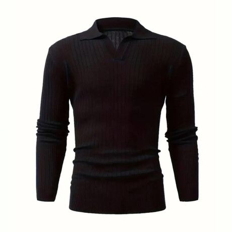 Polo Neck Ribbed Knit Sweater // Black (S)