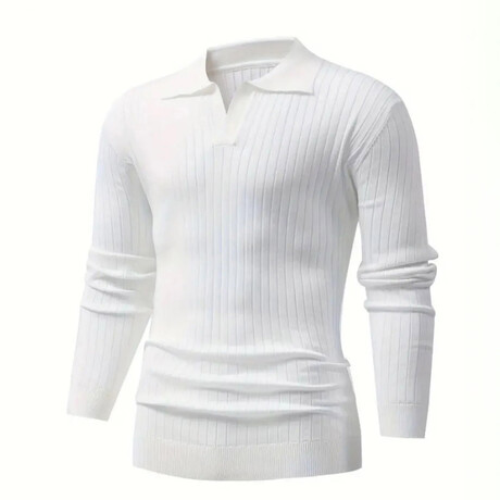 Polo Neck Ribbed Knit Sweater // White (S)