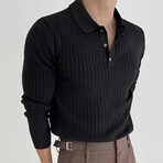 Polo Neck Half Button Up Ribbed Knit Sweater // Black (S)