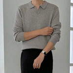 Polo Neck Ribbed Knit Sweater // Light Gray (L)