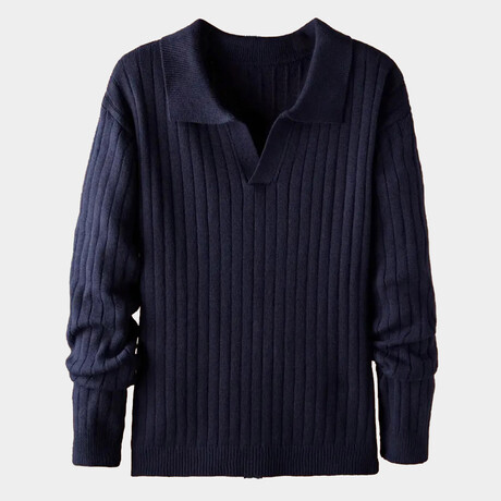 Polo Neck Ribbed Knit Sweater // Navy Blue (S)