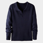 Polo Neck Ribbed Knit Sweater // Navy Blue (XL)