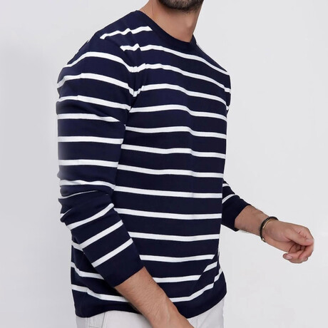 Crewneck Fine Line Striped Sweater // Navy Blue + White (S)