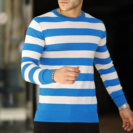 Crewneck Striped Sweater // Sky Blue + White (S)