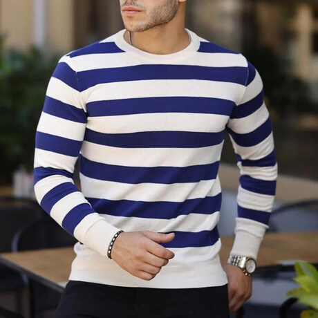 Crewneck Striped Sweater // Navy Blue (S)