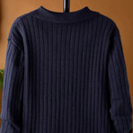 Polo Neck Ribbed Knit Sweater // Navy Blue (XL)