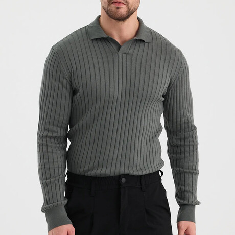 Polo Neck Ribbed Knit Sweater // Dark Gray (S)