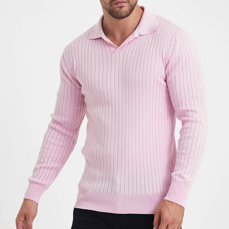 Polo Neck Ribbed Knit Sweater // Pink (S)