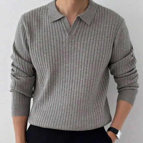 Polo Neck Ribbed Knit Sweater // Light Gray (S)