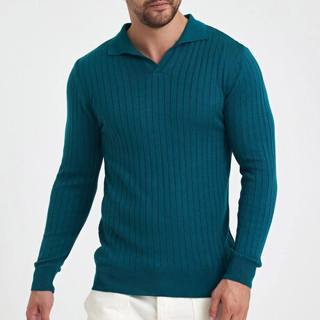 Polo Neck Ribbed Knit Sweater // Teal Blue (S)