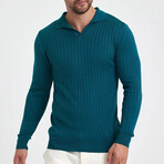 Polo Neck Ribbed Knit Sweater // Teal Blue (XL)