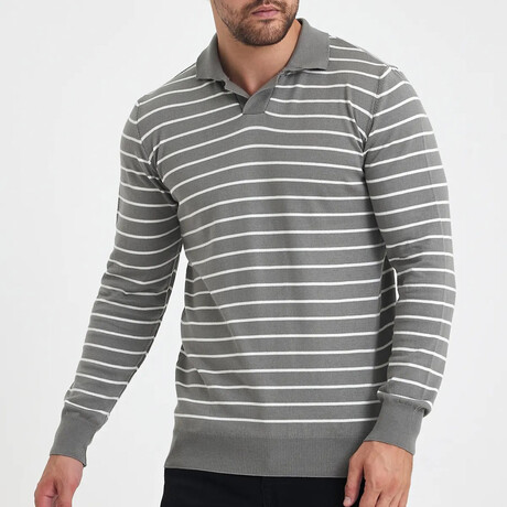 Polo Neck Striped Sweater // Gray + White (S)