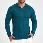 Polo Neck Ribbed Knit Sweater // Teal Blue (XL)