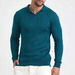 Polo Neck Ribbed Knit Sweater // Teal Blue (XL)