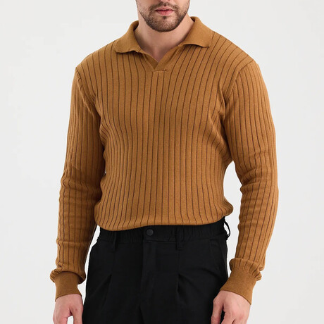 Polo Neck Ribbed Knit Sweater // Tan (S)