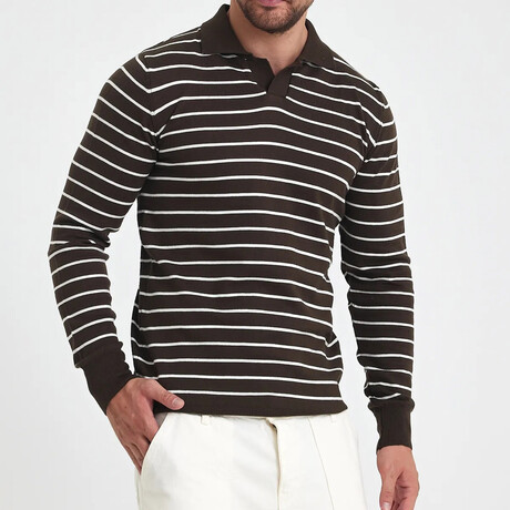 Polo Neck Striped Sweater // Brown + White (S)