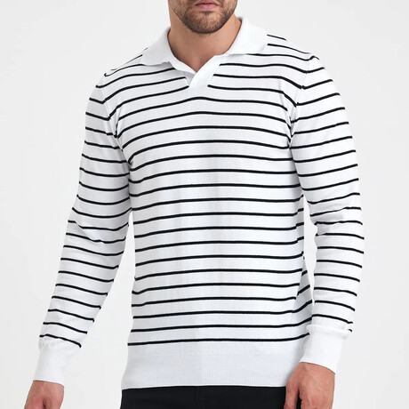 Polo Neck Fine Line Striped Sweater // Black + White (S)