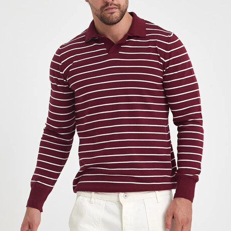 Polo Neck Fine Line Striped Sweater // Burgundy + White (S)