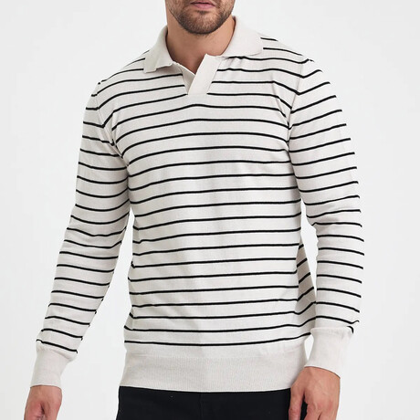 Polo Neck Fine Line Striped Sweater // Ecru + White (S)