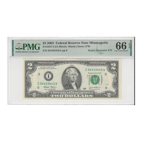 2003 $ 2 Federal Reserve Minneapolis Radar/Repeater PMG 66 EPQ # 3443