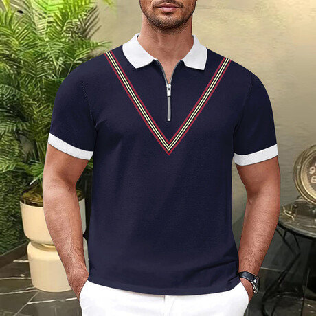 V Chest Detail Short Sleeve Polo // Navy Blue (XS)