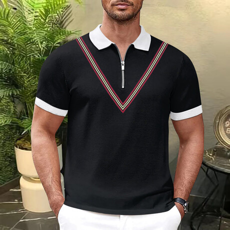 V Chest Detail Short Sleeve Polo // Black (XS)