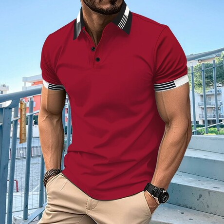 Blocked Striped Collar Short Sleeve Polo // Red (XS)