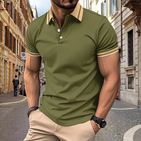 Striped Collar Short Sleeve Polo // Army Green (XS)